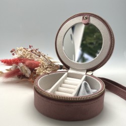 Boîte à Bijoux ronde velours rose - Miroir intégré & fermeture éclair