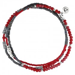 Bracelet homme élastiqué TRIPLE TOUR argent - Perles Gris & Rouge 6 DORIANE Bijoux