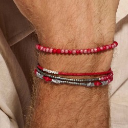 Bracelet homme élastiqué TRIPLE TOURS en argent - Gris & Rouge TAILLE M