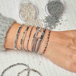 Bracelet élastique Perles argent, Miyuki carré gris foncé & Hématites TAILLE M