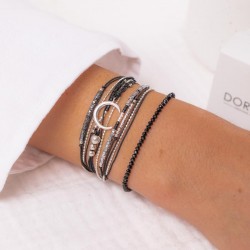 Bracelet élastique fin en Argent - Perles de verre noires TAILLE M