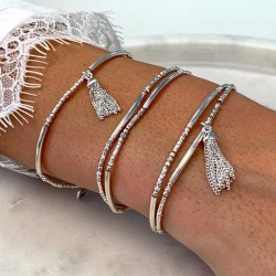 Bracelet élastique POMPON en argent - Perles & Tubes diamantés TAILLE M