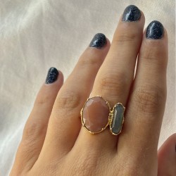 Bague ajustable Or - Pierre de Lune nude & Labradorite ovales