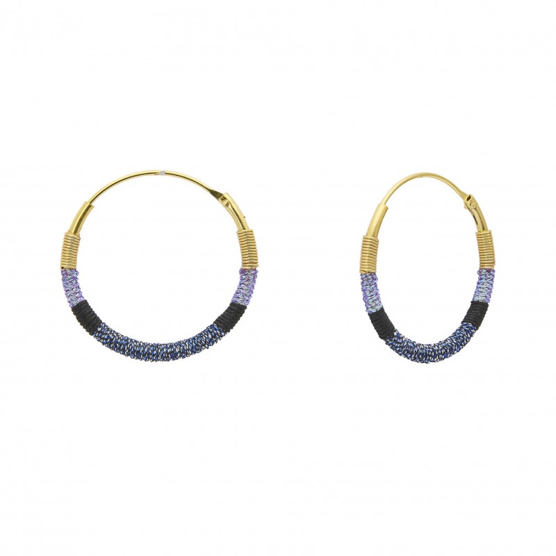 Boucles d'oreilles petites créoles CAMARI Tissées Or - Liens noirs, bleus - Une à Une