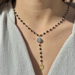 Collier CHAPELET INDE ALWAR Or - Médailloe, Onyx noirs & Labradorite