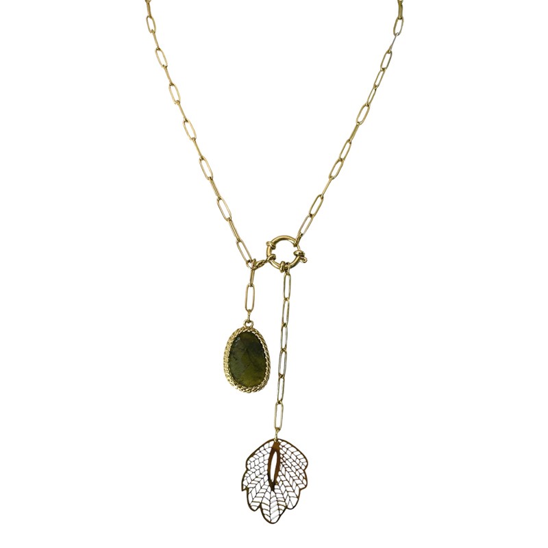 Collier court cravate doré - Chaîne fine, feuille ciselée & Pyrite