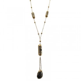 Collier chaîne cravate doré - Pendentifs rouleaux sculptés & Pyrite