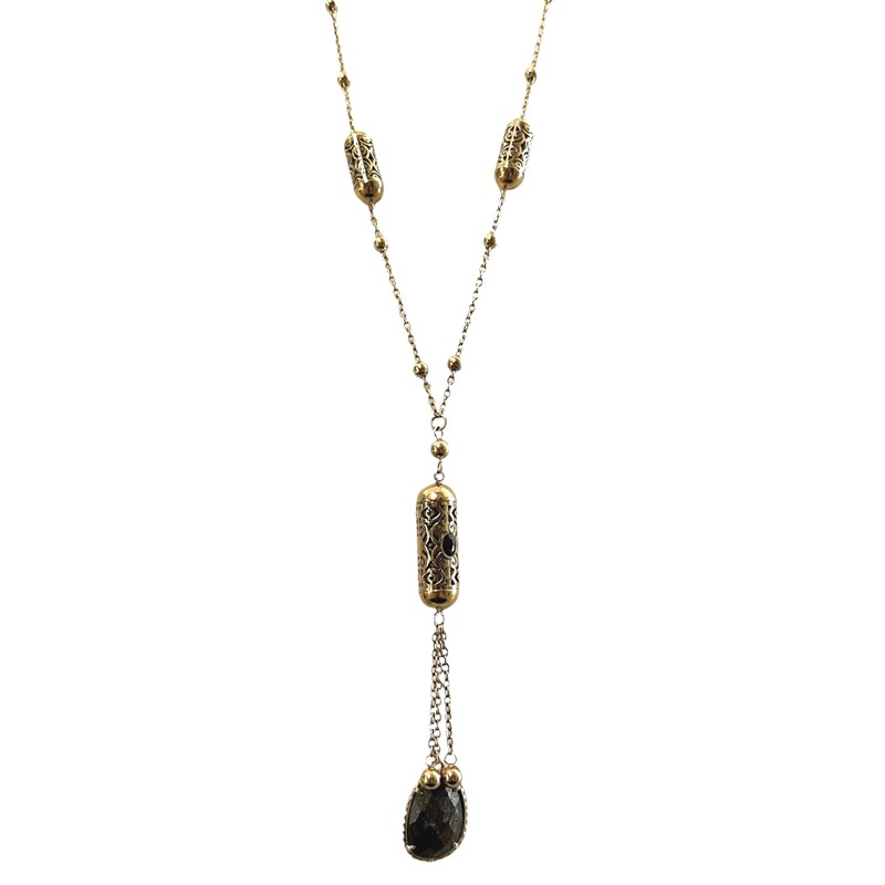 Collier chaîne cravate doré - Pendentifs rouleaux sculptés & Pyrite