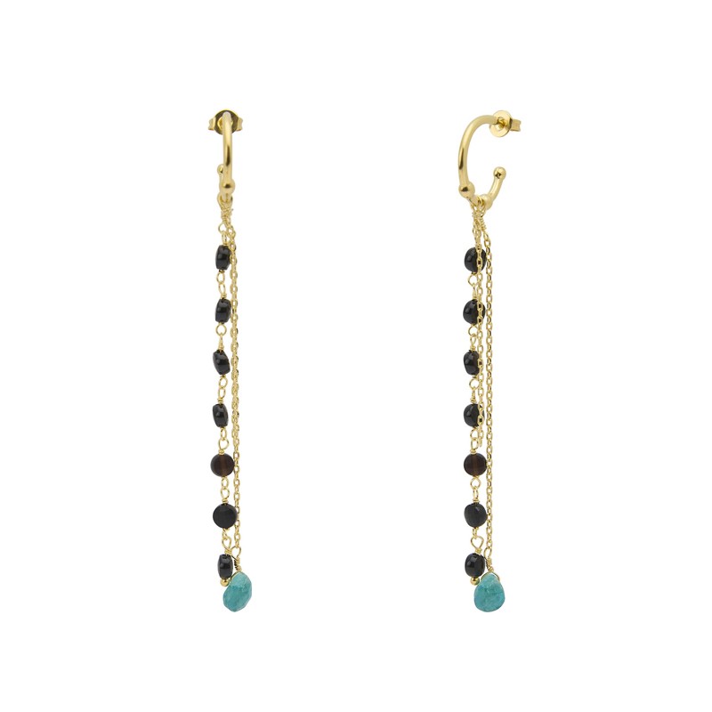 Boucles d'oreilles créoles Or INDE ALWAR - Chaînette onyx noir & Emeraude - une à Une