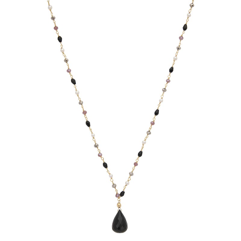 Collier fin SAUTOIR FEERIE chaîne Or - Cristaux & Goutte noire - Une à Une