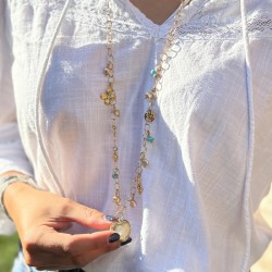 Collier sautoir turquoise doré - Perles, pampilles & Pendentif coeur