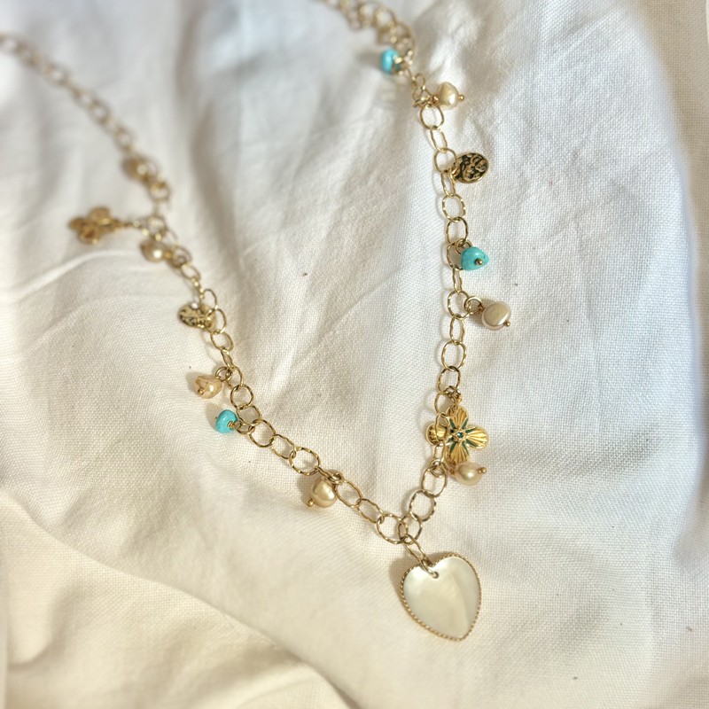 Collier sautoir turquoise doré - Perles, pampilles & Pendentif coeur