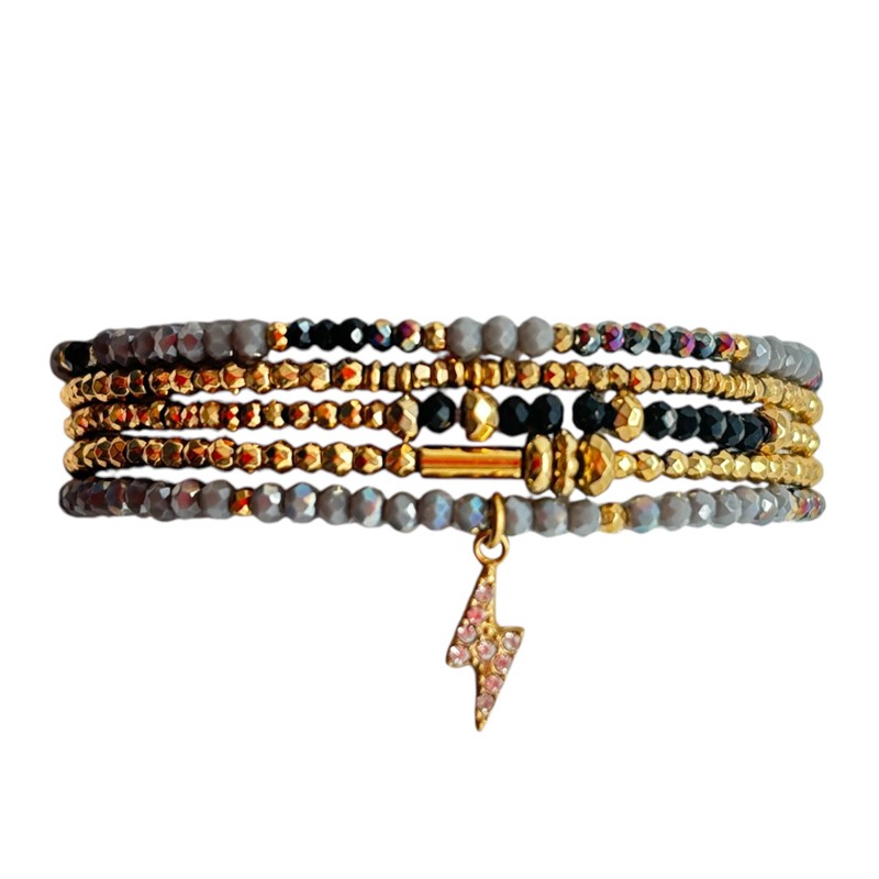 Bracelet élastiqué multi-rangs GABY B2 - Hématites Perles Cristal gris & noir - Belle Mais Pas Que