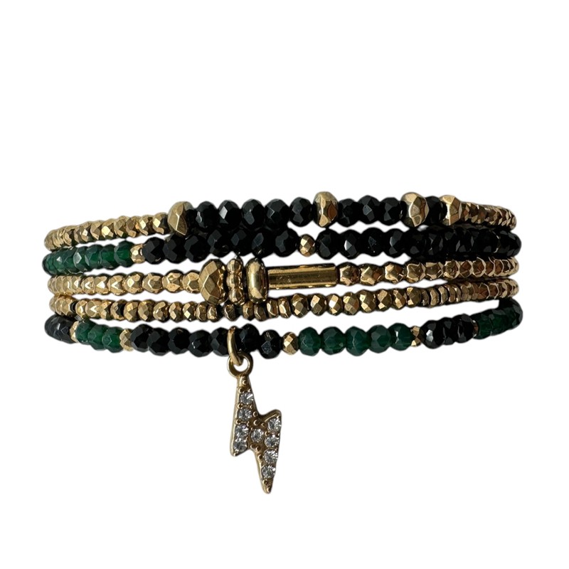 Bracelet élastiqué multi-rangs GABY B10 - Hématites Perles Cristal noir & vert - Belle Mais Pas Que