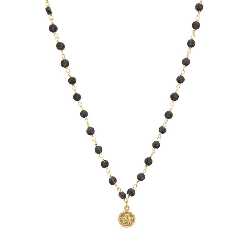 Collier fin ALWAR Or - Pierres Onyx noirs & Pendentif Ange UNE A UNE