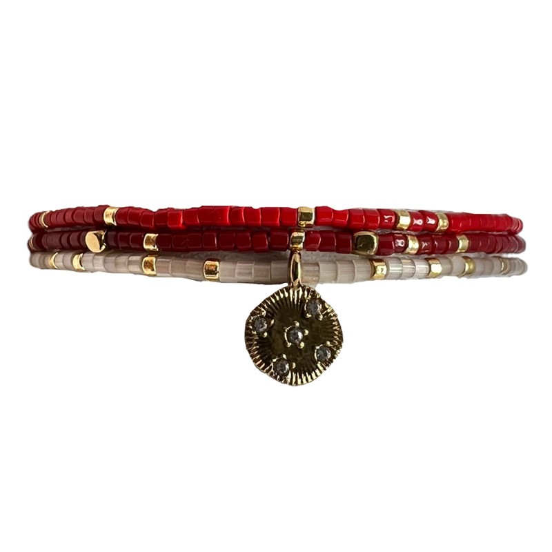 Bracelet élastique NOHA RED LOVE - Miyukis rouge beige & pendentif - Belle Mais Pas Que