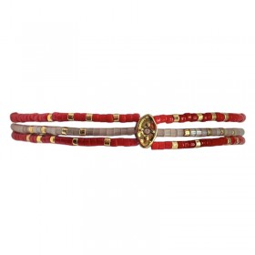 Bracelet élastiqué multi-rangs NOHA RED LOVE - Miyukis rouges gris & Ovale strassés - belle Mais Pas Que