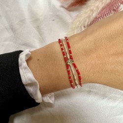 Bracelet élastiqué multi-rangs NOHA RED LOVE - Miyukis rouges gris & Ovale strassés