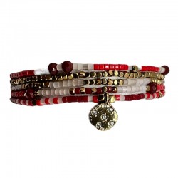 Bracelet élastiqué multi-rangs NOHA RED LOVE - Miyukis rouges ivoires & Pendentif strassé - Belle Mais Pas Que