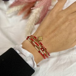 Bracelet 5 tours NOHA RED LOVE - Miyukis rouge beige doré & Pendentif