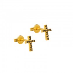 Boucles d'oreilles mini puces TATOO Or & Croix zircons noirs