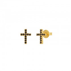 Boucles d'oreilles mini puces TATOO Or & Croix zircons noirs - Une à Une