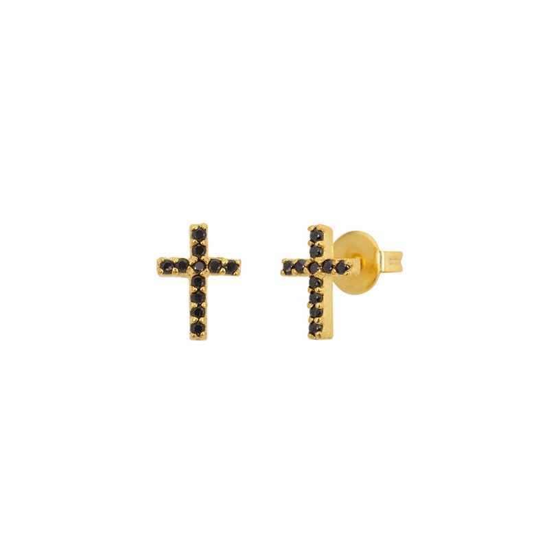 Boucles d'oreilles mini puces TATOO Or & Croix zircons noirs - Une à Une