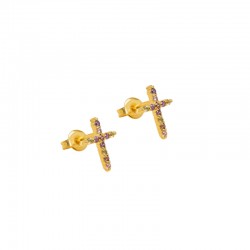 Boucles d'oreilles mini puces TATOO Or & Croix zircons multi-roses