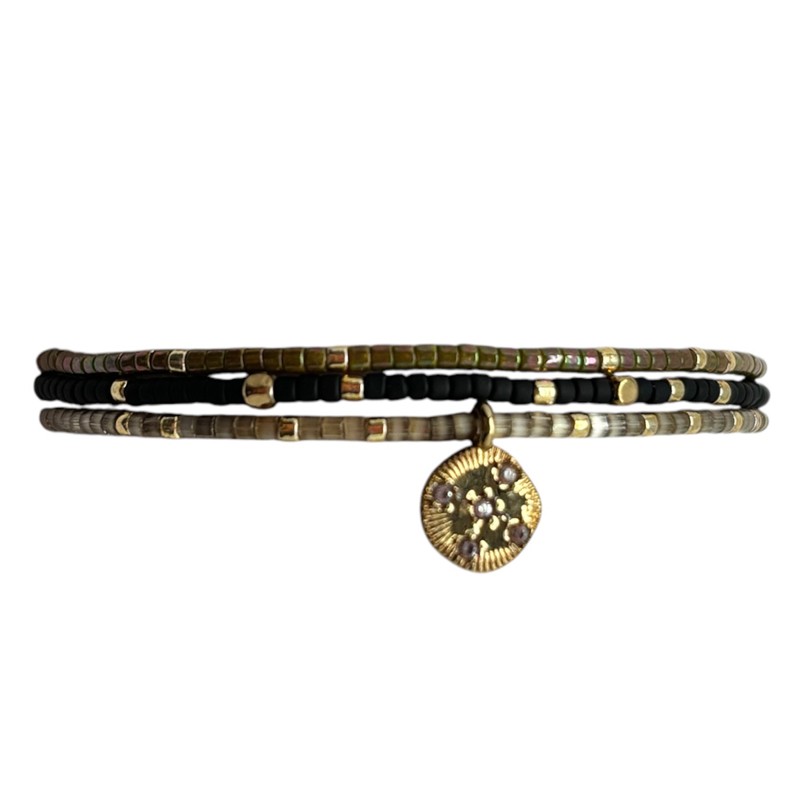 Bracelet élastique NOHA BLACK LOVE - Miyukis noir beige & pendentif