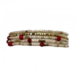 Bracelet élastiqué multi-rangs NOHA RED LOVE - Perles rock dorées ivoire & Perles rouges