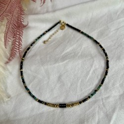 Collier court RIM doré - Spinelle noir & Tourmaline bleue