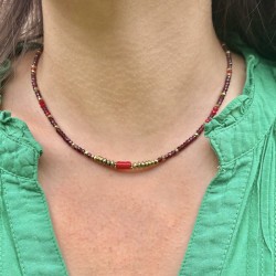 Collier court RIM doré - Grenat, corail rouge & Hématite dorée