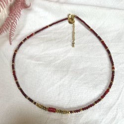 Collier court RIM doré - Grenat, corail rouge & Hématite dorée