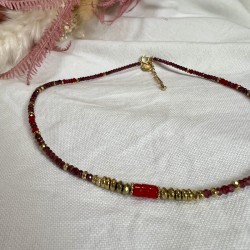 Collier court RIM doré - Grenat, corail rouge & Hématite dorée