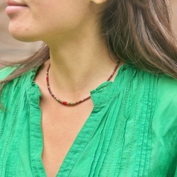 Collier court RIM doré - Grenat, corail rouge & Hématite dorée