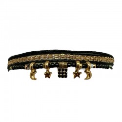 Bracelet multi-tours DESI NOIR doré - Cordons noirs & Pampilles - By Garance