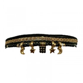 Bracelet multi-tours DESI NOIR doré - Cordons noirs & Pampilles - By Garance