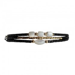 Bracelet multi-tours PEARL NOIR  6 - Liens ornés, tube doré & Perles de Nacres - By Garance