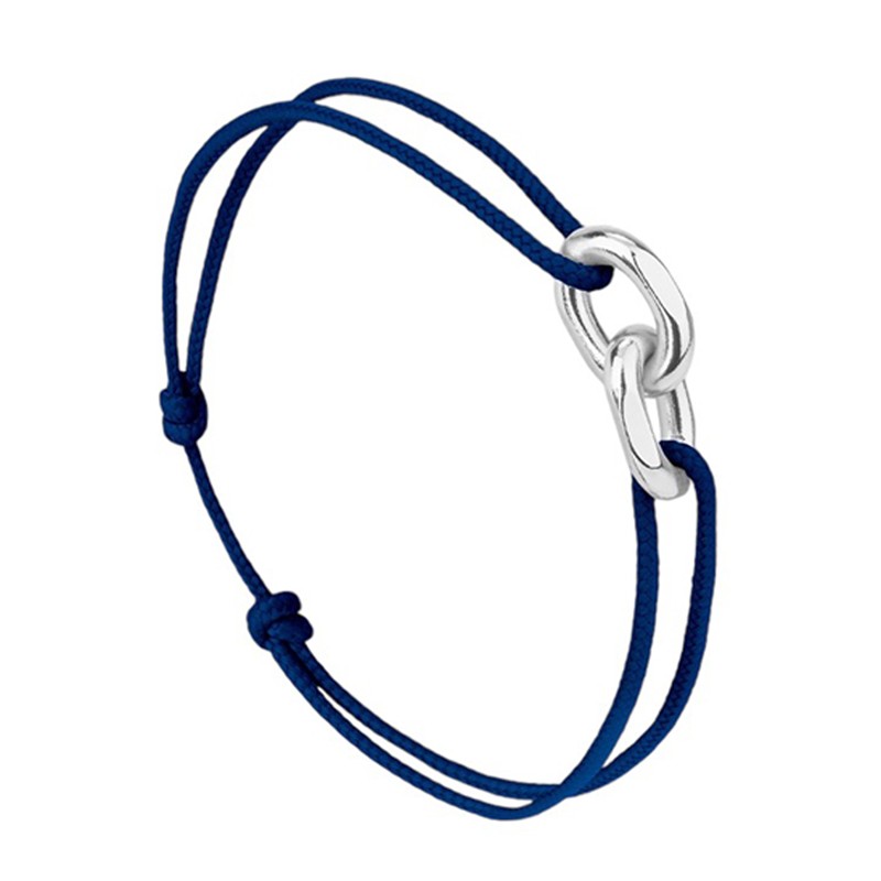 Bracelet mixte UNION FIRA Cordon bleu marine - Maillons plaqué argent - Le Vent à la Française