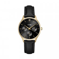 Montre Multifunction Leather Black Lizard, Gold color, cadran rond noir - CLUSE