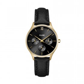 Montre Multifunction Leather Black Lizard, Gold color, cadran rond noir - CLUSE