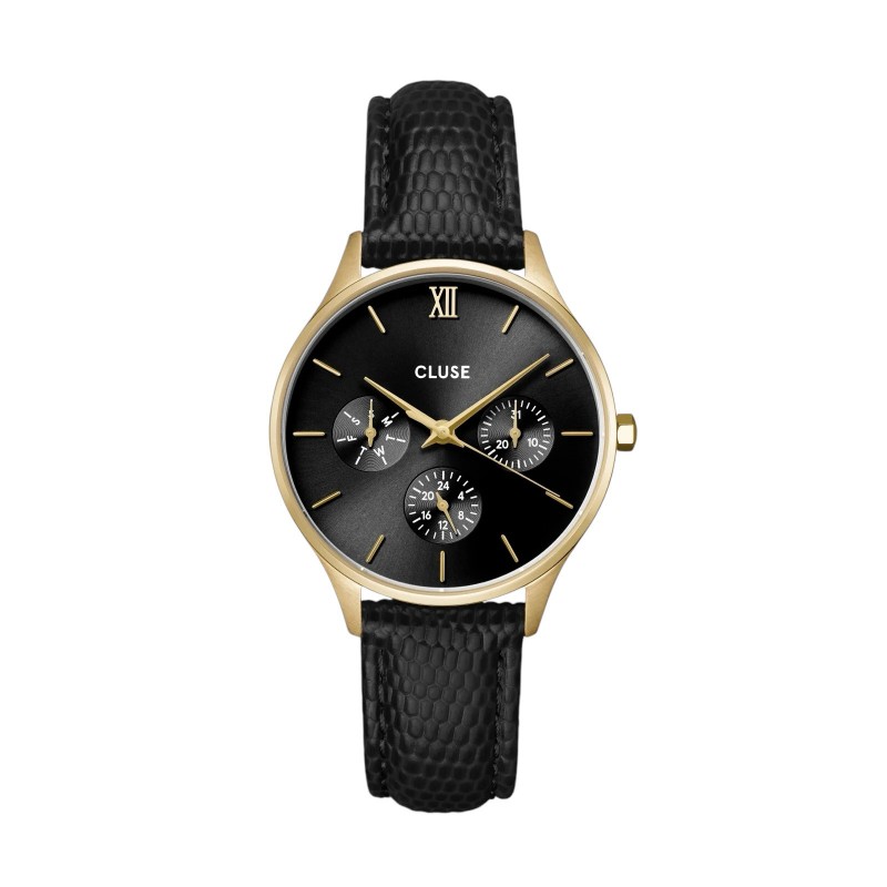 Montre Multifunction Leather Black Lizard, Gold color, cadran rond noir - CLUSE