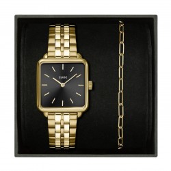 Coffret Montre Tétragone cadran carré noir & Bracelet gourmette, couleur or - CLUSE