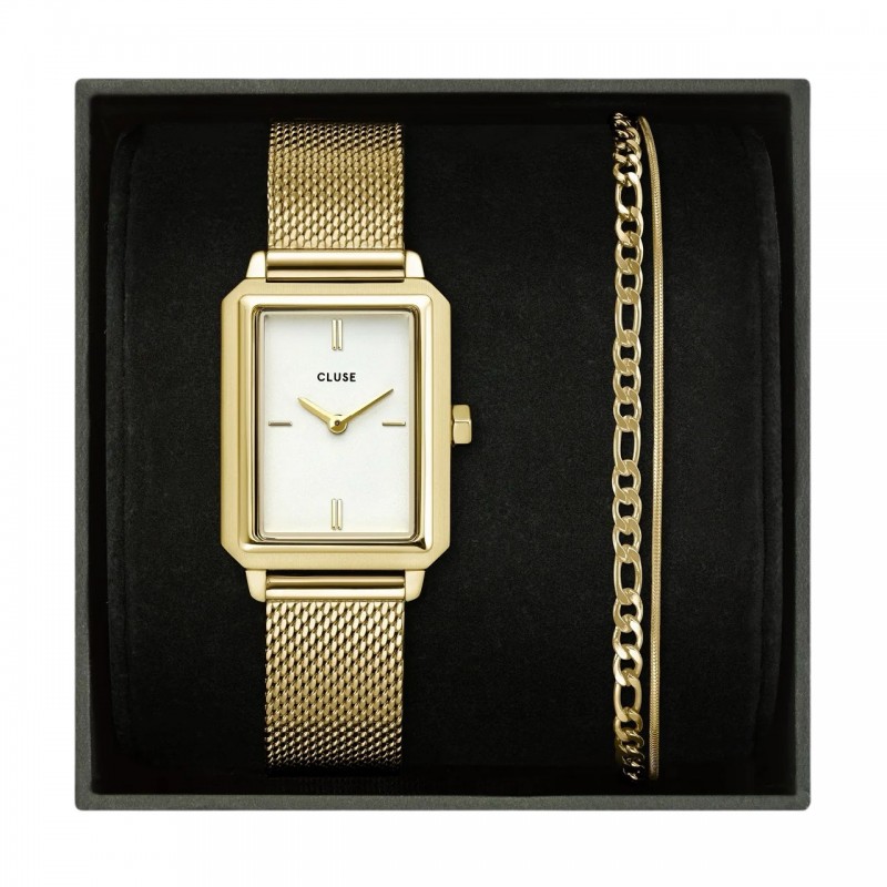 Montre Fluette Steel, cadran rectangle blanc & bracelet gourmette - CLUSE