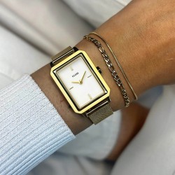 Coffret Montre Fluette Steel, cadran rectangle blanc & bracelet doré