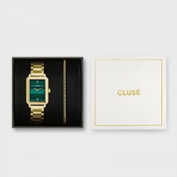 Coffret Montre Fluette Steel green, cadran rectangle vert & bracelet doré