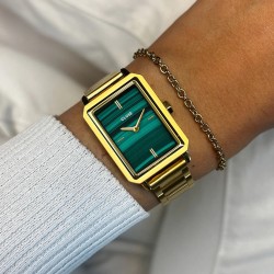 Coffret Montre Fluette Steel green, cadran rectangle vert & bracelet doré