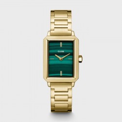 Coffret Montre Fluette Steel green, cadran rectangle vert & bracelet doré