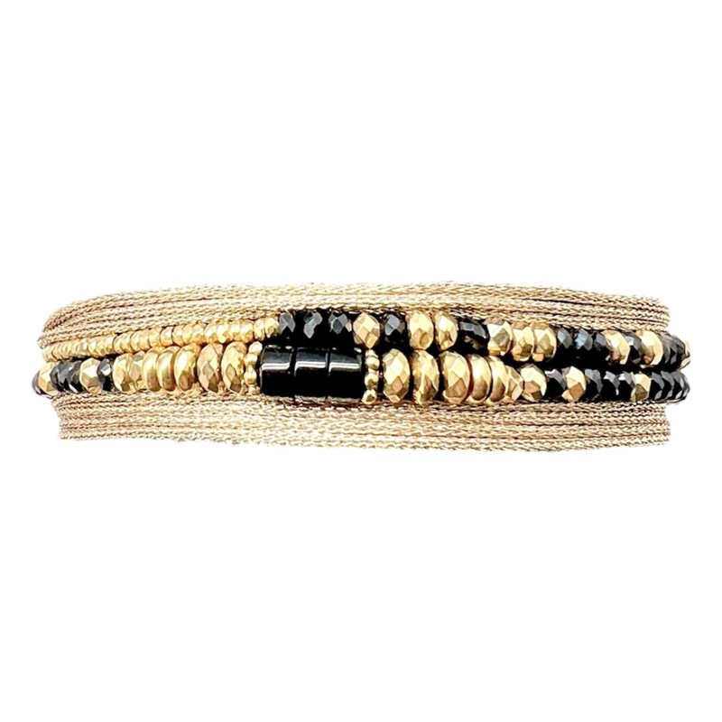 Bracelet double tours RIM 2 - Cordons dorés, Pyrites & Spinelles noirs BELLE MAIS PAS QUE