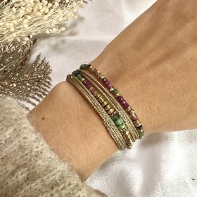 Bracelet double tours RIM 2 - Cordons dorés, Tourmalines vertes & Grenats BELLE MAIS PAS QUE